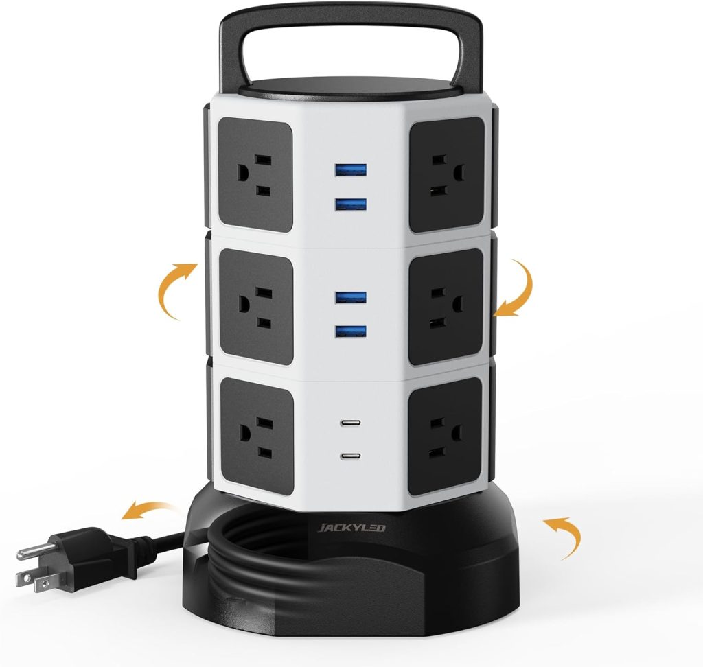 Power Strip Tower Surge Protector, JACKYLED 12 Outlets 6 USB (2 USB C) Charging Station, Extension Cord with Multiple Outlets, 1050J 1625W/13A Outlet Extender 6.5ft Extension Cord for Home Office