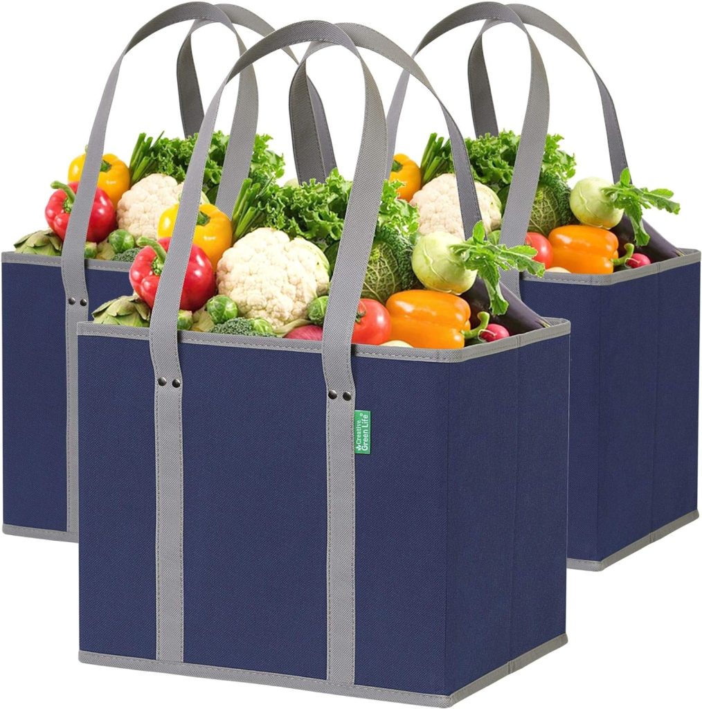 Reusable Grocery Bags (3 Pack) – Heavy Duty Reusable Shopping Bags with Box Shape to Stand Up, Stay Open, Fold Flat – Large Tote Bags are Foldable with Long Handles & Hard Bottom (Navy Blue)