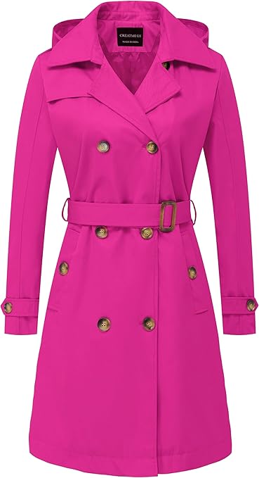 CREATMO US Women's Long Trench Coat Double-Breasted Classic Lapel Overcoat Belted Slim Outerwear Coat with Detachable Hood