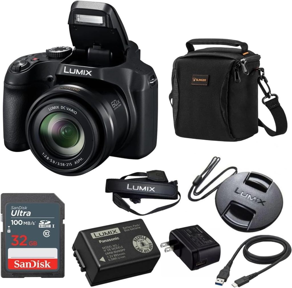 Panasonic LUMIX FZ80D Compact Camera with 20-1200mm Zoom Lens, Point and Shoot Digital Camera 4K Video & Photo Recording and Power Optical Image Stabilizer - Bundle with Shoulder Bag, 32GB SD Card